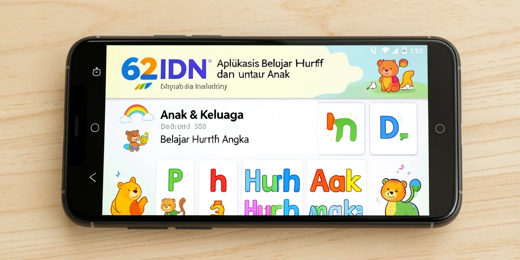 Tampilan antarmuka aplikasi 62IDN untuk belajar huruf dan angka.