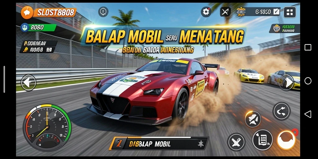 Screenshot antarmuka SLOST8808 menampilkan balapan mobil yang seru.