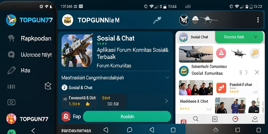 Antarmuka aplikasi TOPGUN77 dengan fitur Forum Komunitas yang interaktif.